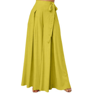 Women Casual Style Acrylon Solid Color Lace-Up High Waisted Wide-Leg Pants