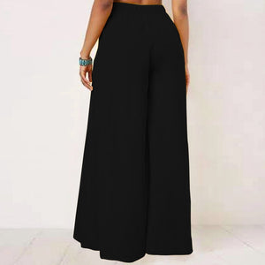 Women Casual Style Acrylon Solid Color Lace-Up High Waisted Wide-Leg Pants