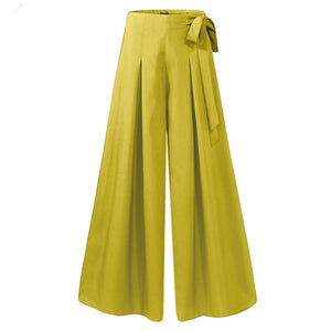 Women Casual Style Acrylon Solid Color Lace-Up High Waisted Wide-Leg Pants