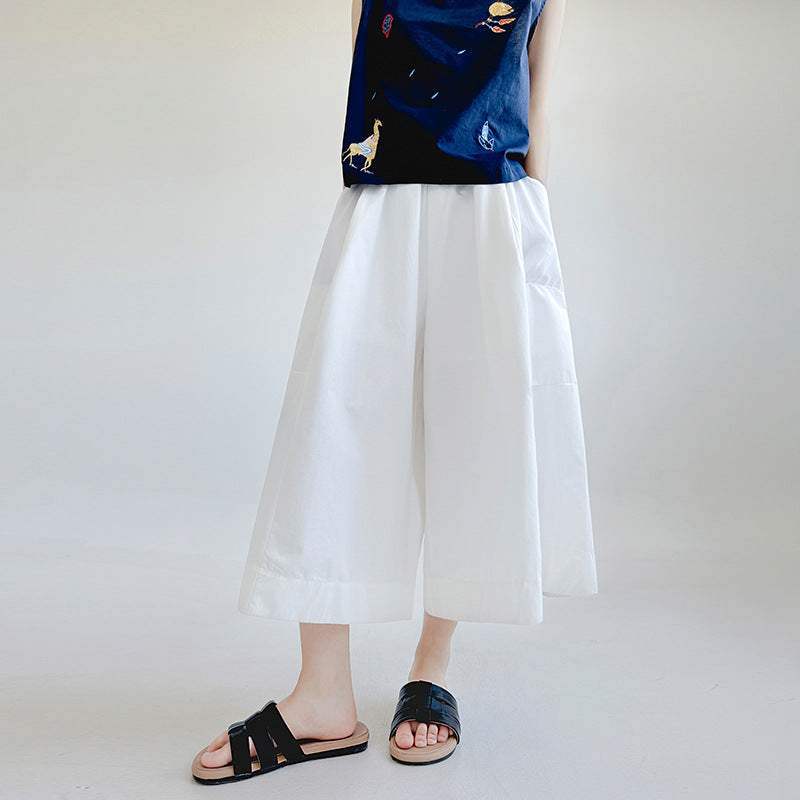 Women Casual Washed Cotton High-waisted Wide-leg Capri Pants