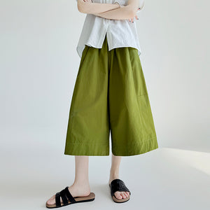 Women Casual Washed Cotton High-waisted Wide-leg Capri Pants
