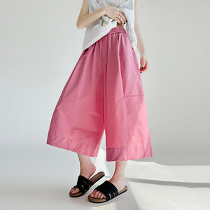 Women Casual Washed Cotton High-waisted Wide-leg Capri Pants