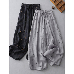 Women Causal Polka-dot Cotton Elastic Waist Wide-Leg Pants