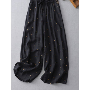 Women Causal Polka-dot Cotton Elastic Waist Wide-Leg Pants