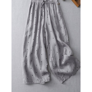 Women Causal Polka-dot Cotton Elastic Waist Wide-Leg Pants
