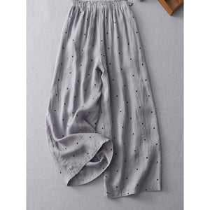 Women Causal Polka-dot Cotton Elastic Waist Wide-Leg Pants