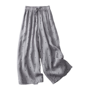 Women Causal Polka-dot Cotton Elastic Waist Wide-Leg Pants