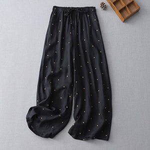 Women Causal Polka-dot Cotton Elastic Waist Wide-Leg Pants