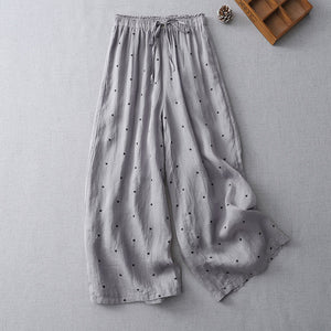 Women Causal Polka-dot Cotton Elastic Waist Wide-Leg Pants