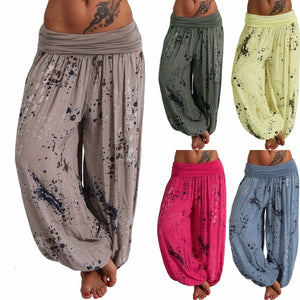 Women Ink And Wash Printing Casual Cotton Lace-up Loose Wide-leg Harem Pants