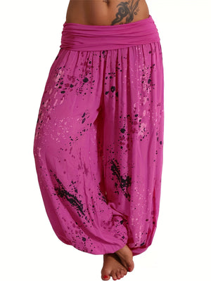 Women Ink And Wash Printing Casual Cotton Lace-up Loose Wide-leg Harem Pants