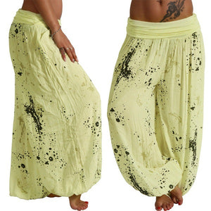 Women Ink And Wash Printing Casual Cotton Lace-up Loose Wide-leg Harem Pants