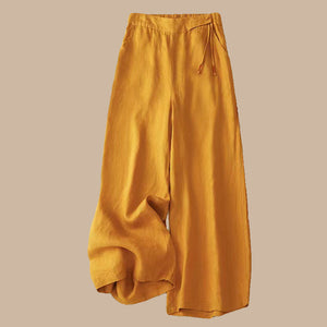 Women Retro Style Cotton and Linen Solid Color High Waist Wide-leg Pants