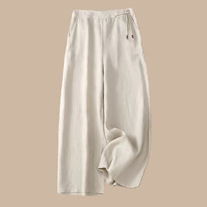Women Retro Style Cotton and Linen Solid Color High Waist Wide-leg Pants