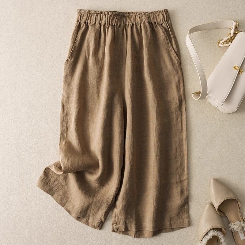 Women Seven Solid Color Loose Retro Casual Linen Wide-Leg Pants