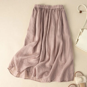 Women Solid Color Artistic Retro Cotton and Linen Skirt with Elastic Waist Mid-Length Skirts