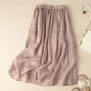 Women Solid Color Artistic Retro Cotton and Linen Skirt with Elastic Waist Mid-Length Skirts