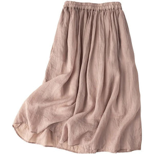 Women Solid Color Artistic Retro Cotton and Linen Skirt with Elastic Waist Mid-Length Skirts