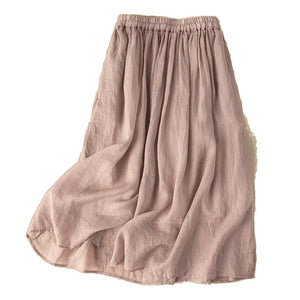 Women Solid Color Artistic Retro Cotton and Linen Skirt with Elastic Waist Mid-Length Skirts