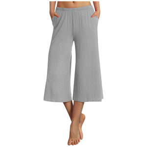Women Solid Color Casual Style Polyester Wide Leg Pants Capri Pants