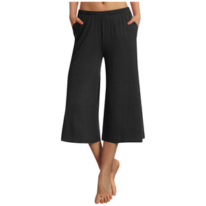 Women Solid Color Casual Style Polyester Wide Leg Pants Capri Pants