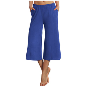 Women Solid Color Casual Style Polyester Wide Leg Pants Capri Pants
