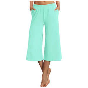 Women Solid Color Casual Style Polyester Wide Leg Pants Capri Pants