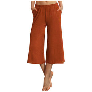 Women Solid Color Casual Style Polyester Wide Leg Pants Capri Pants