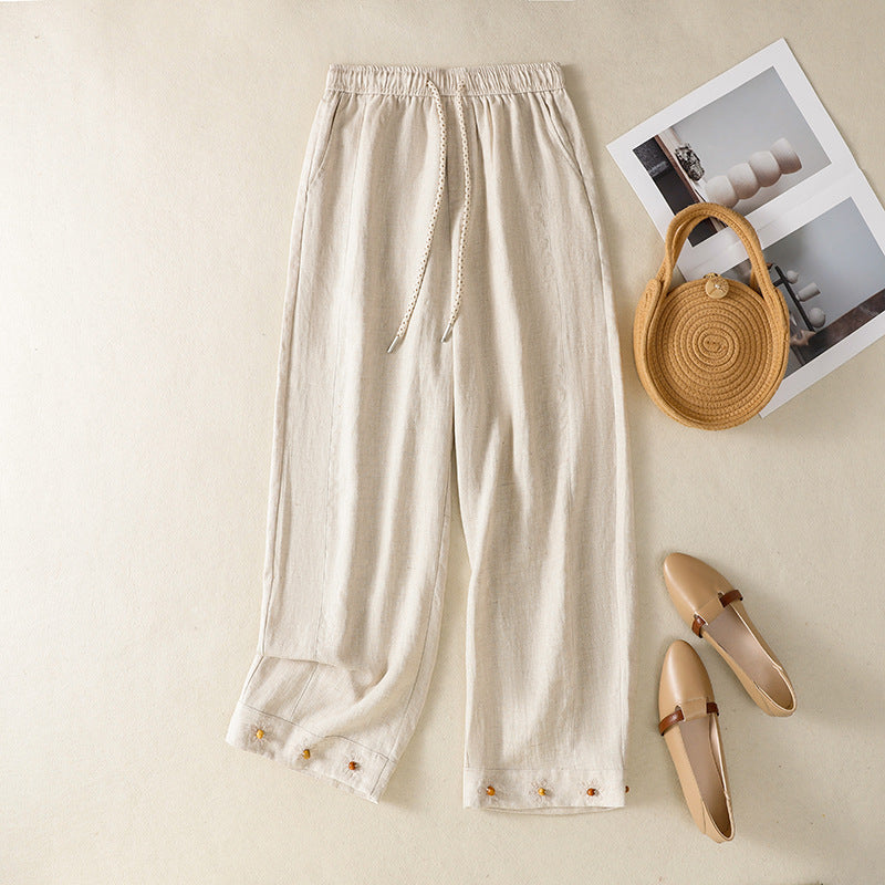 Women Solid Color Slimming Casual Elastic Waist Wide-leg Pants with Embroidered Beads