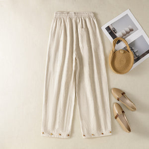 Women Solid Color Slimming Casual Elastic Waist Wide-leg Pants with Embroidered Beads