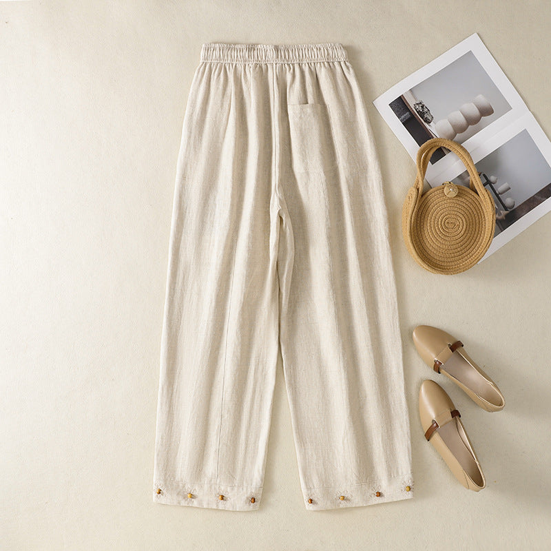 Women Solid Color Slimming Casual Elastic Waist Wide-leg Pants with Embroidered Beads