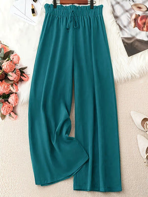 Women Stright Casual Style Solid Color Polyester Wide-leg Pants