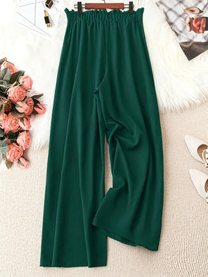 Women Stright Casual Style Solid Color Polyester Wide-leg Pants
