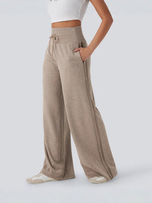 Women's Casual Solid Color Cotton High-Waisted Elastic Waist Wide-Leg Pants