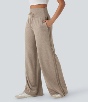 Women's Casual Solid Color Cotton High-Waisted Elastic Waist Wide-Leg Pants