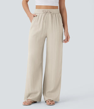 Women's Casual Style Cotton&Linen Wide-leg Elastic Waist Solid Color Pants