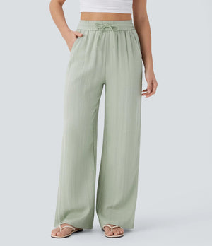 Women's Casual Style Cotton&Linen Wide-leg Elastic Waist Solid Color Pants