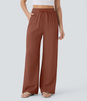 Women's Casual Style Cotton&Linen Wide-leg Elastic Waist Solid Color Pants
