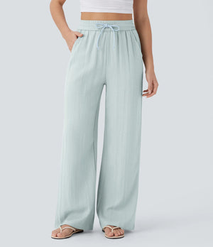 Women's Casual Style Cotton&Linen Wide-leg Elastic Waist Solid Color Pants