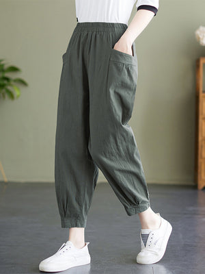 Women's Cropped Linen Harem Pants with Elastic Waistband