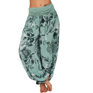 Women's Flower Printed Casual Style Cotton Wide Leg Harem Pants