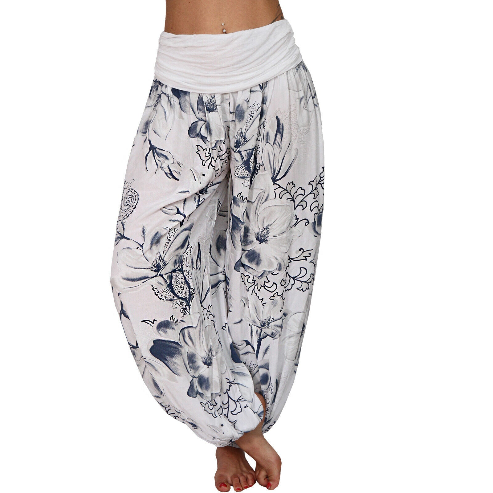 Women's Flower Printed Casual Style Cotton Wide Leg Harem Pants