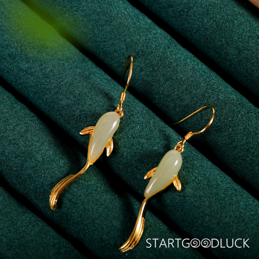 Koi Fish Earrings-Natural Jade & gold-Bring Good Fortune