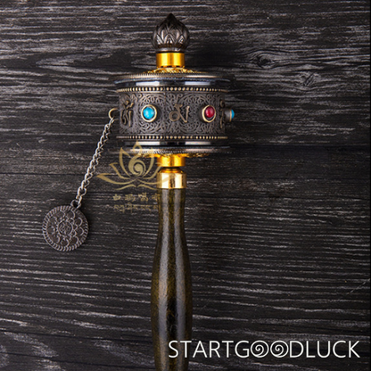 Tibetan Prayer Wheel: Handheld with Colored Gem Inlays (Accumulate Merit, Bless Daily Life)