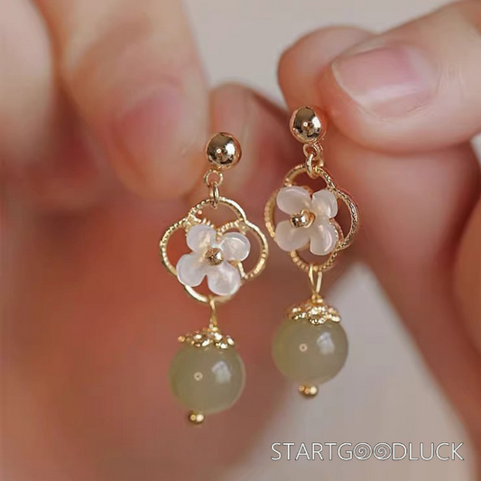 Jade Flower Earrings-Natural Jade-Authentic Design