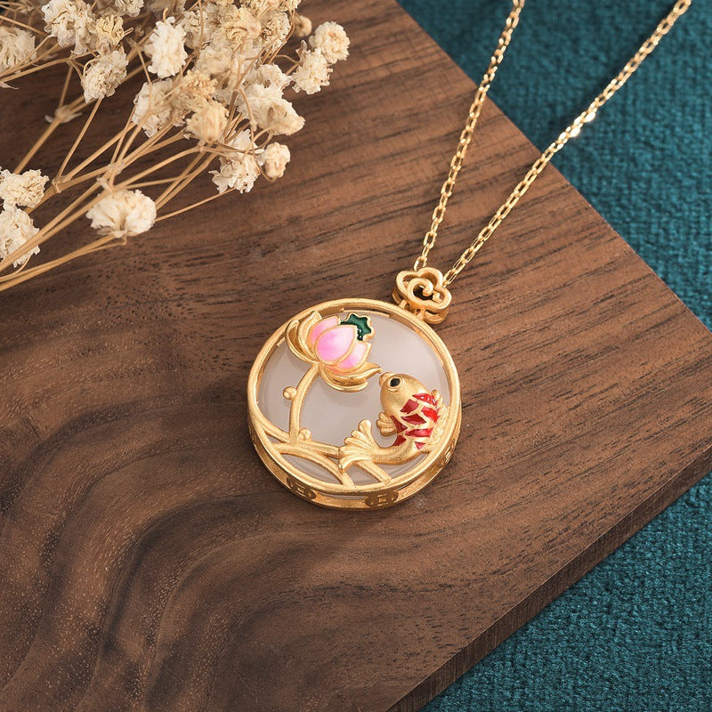 14K Gold Jade Koi Fish & Lotus Pendant Prosperity and Wealth Necklace