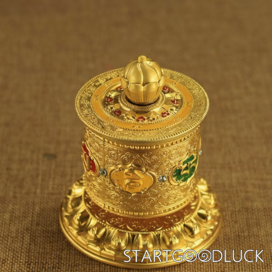 Tibetan Prayer Wheel: Gold - Plated Copper with Six - Syllable Mantra (Accumulate Merit, Bless Spaces)