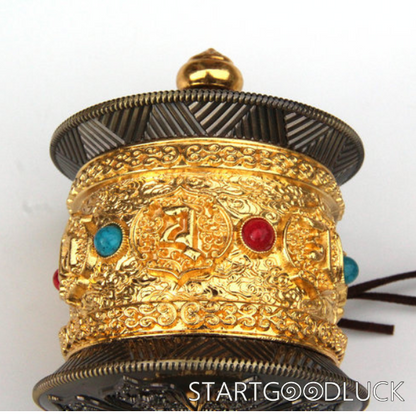 Tibetan Prayer Wheel: Large Silent Handheld with Gold Plating & Gem Inlays (Accumulate Merit Quietly)
