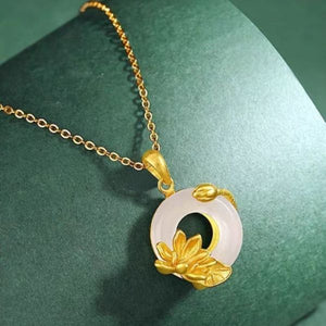 18K Gold Plated Natural White Jade Loutus Peace and Tranquility Necklace