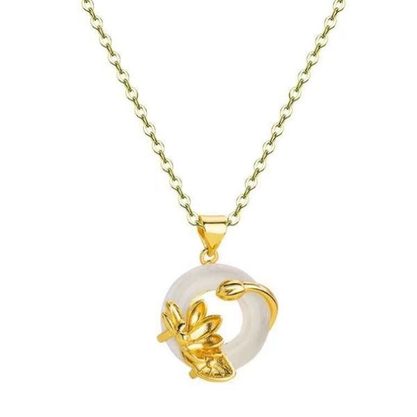 18K Gold Plated Natural White Jade Loutus Peace and Tranquility Necklace
